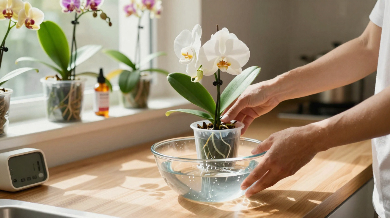 Pessoa molhando orquídea branca em vaso transparente dentro de tigela de vidro com água em bancada.