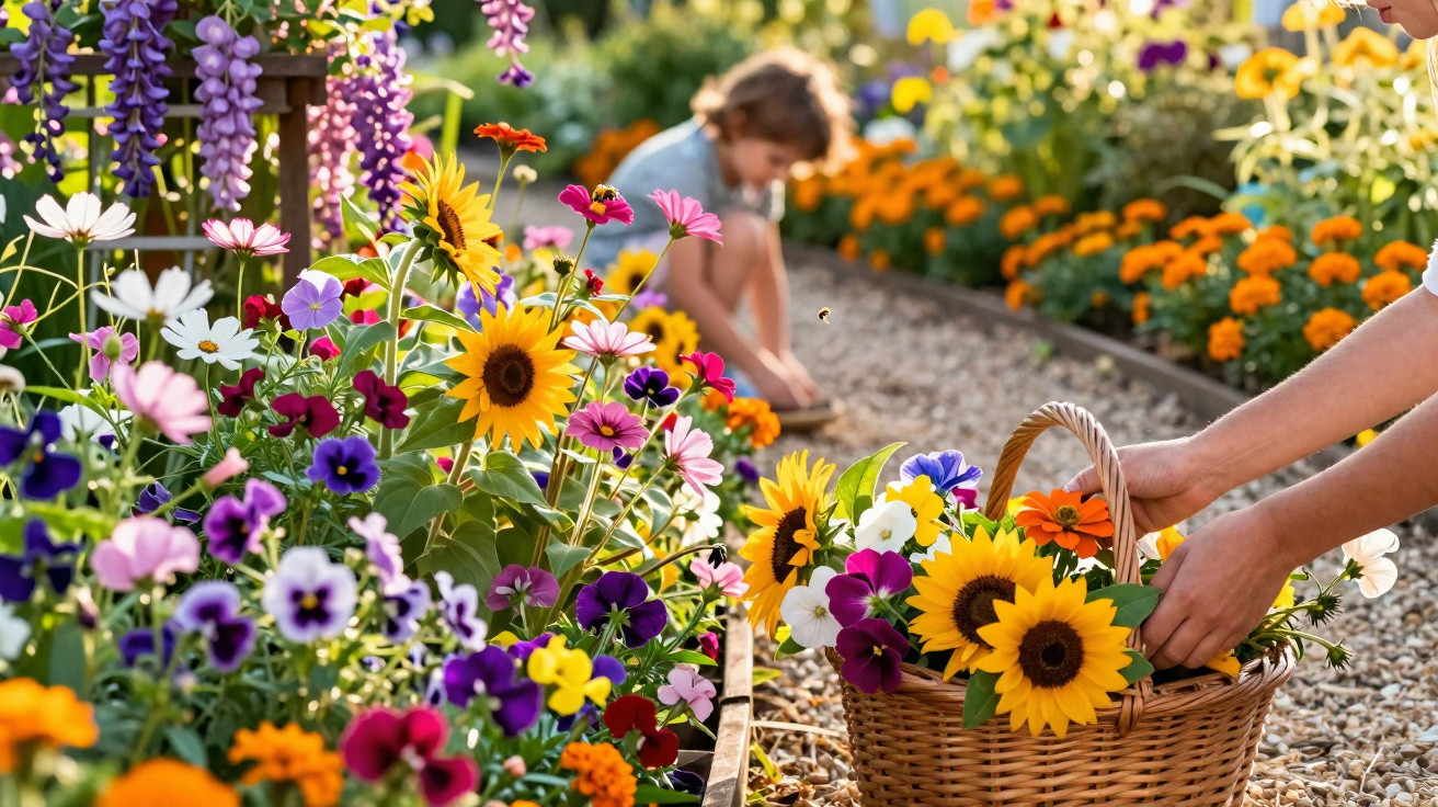 Cesto com flores coloridas sendo colhidas em jardim florido, com criança ao fundo sentada no caminho.