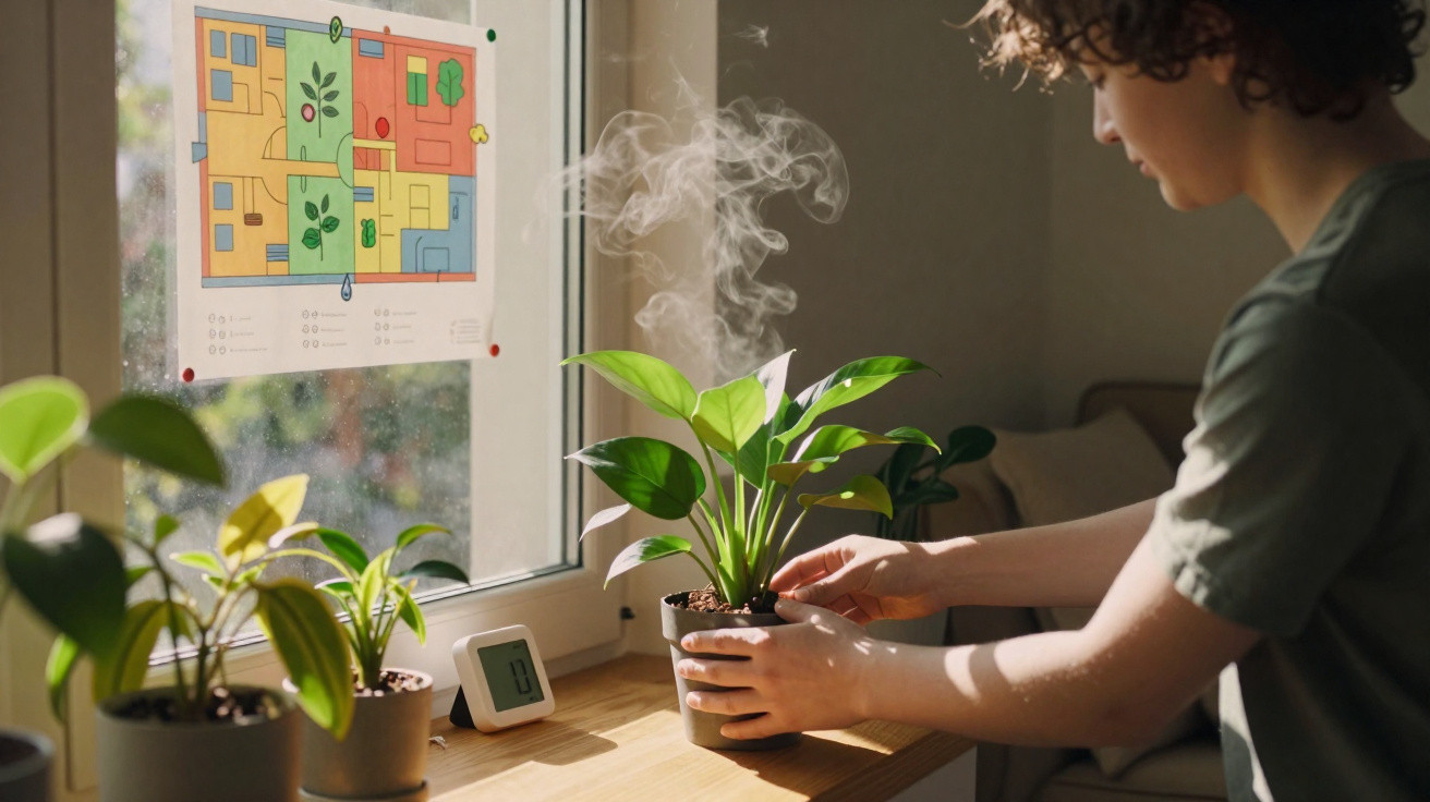 Pessoa cuidando de planta em vaso perto da janela com mapa colorido fixado no vidro.