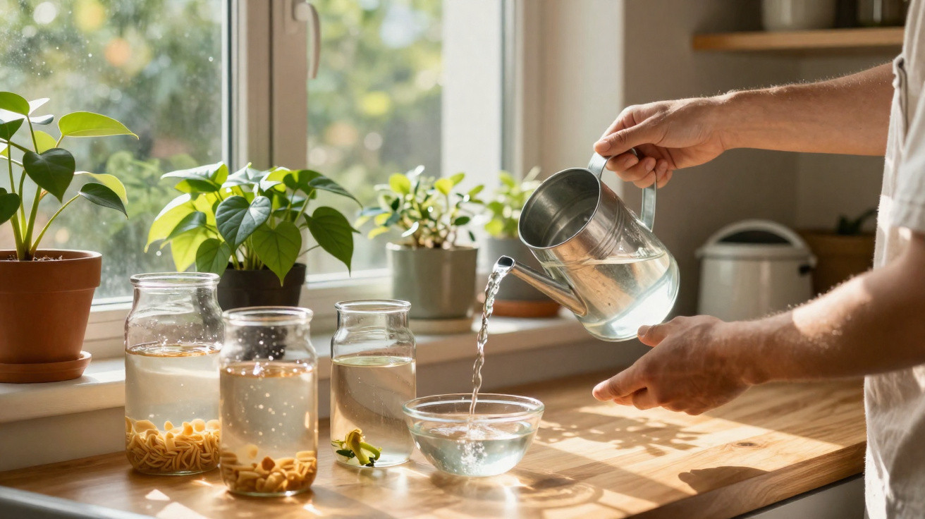 Pessoa regando plantas em vasos na janela com regador metálico em cozinha iluminada pelo sol.