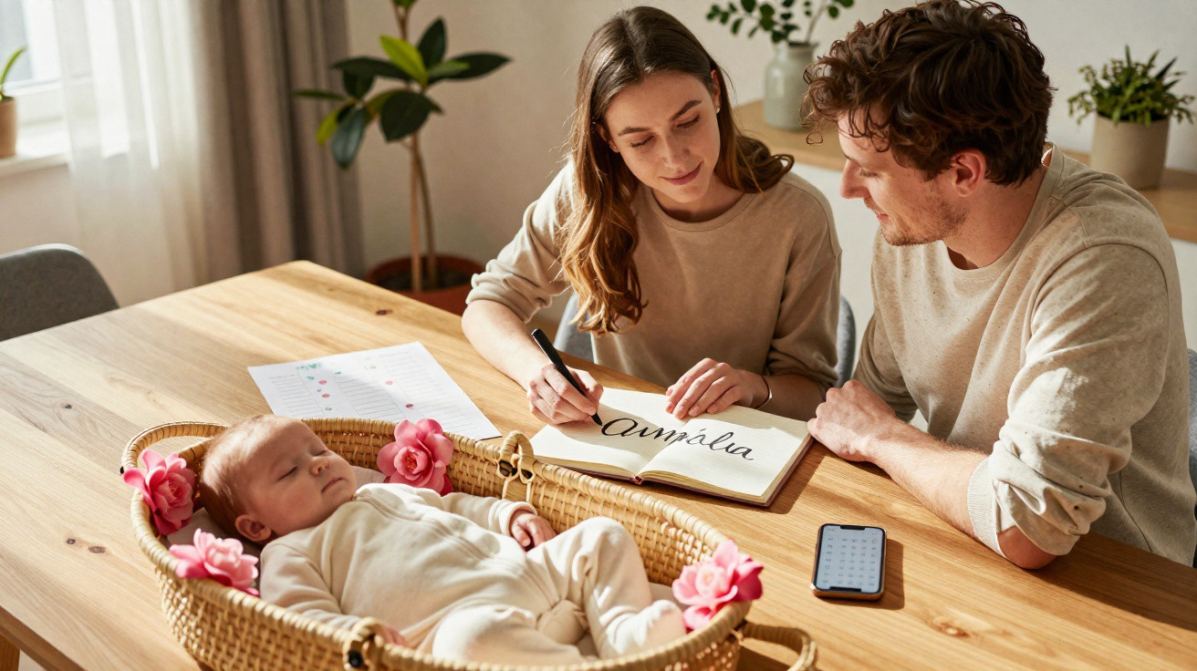 Casal sentado à mesa com bebê dormindo em berço de vime decorado com flores rosas.