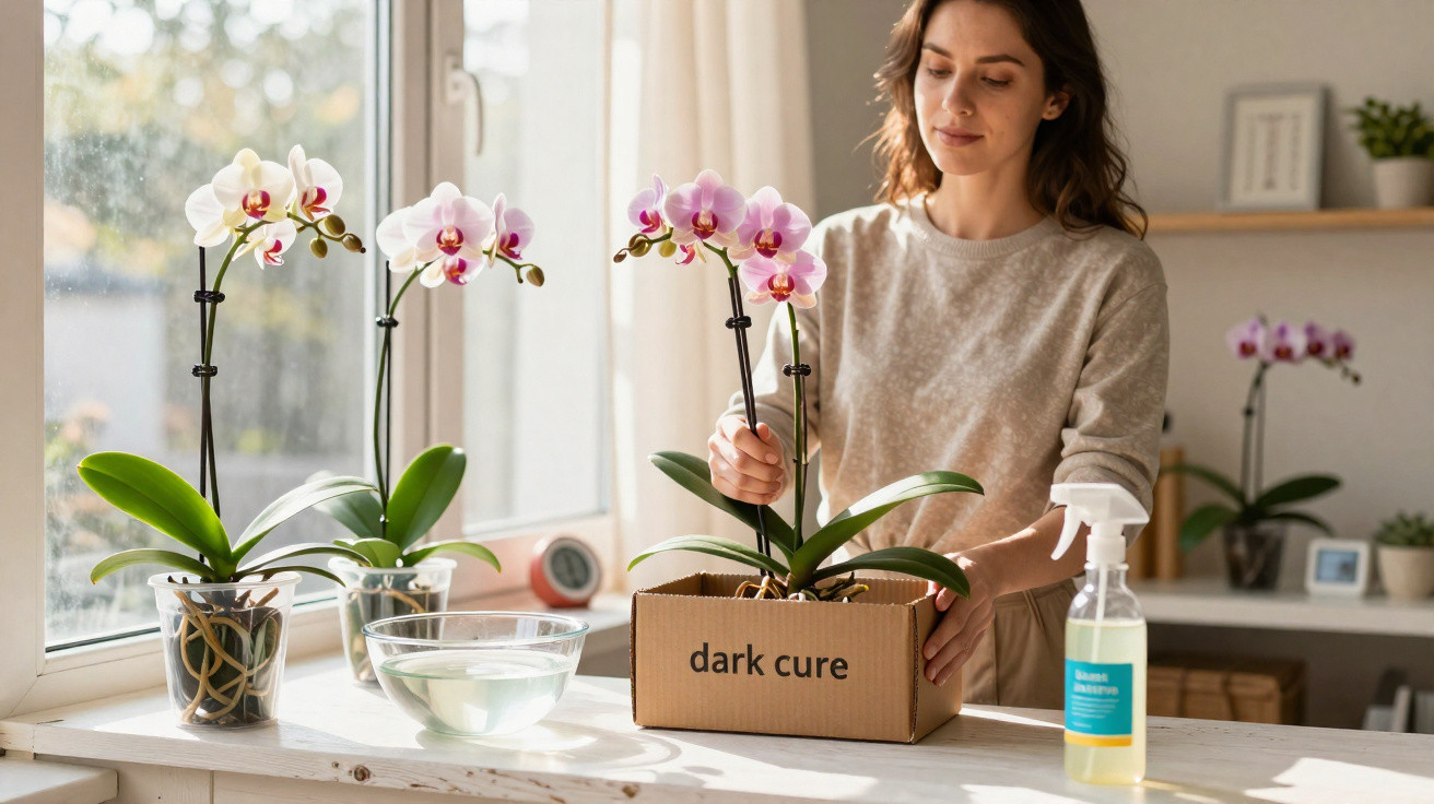 Mulher cuidando de orquídeas em vaso perto de janela com produtos de limpeza sobre bancada clara.