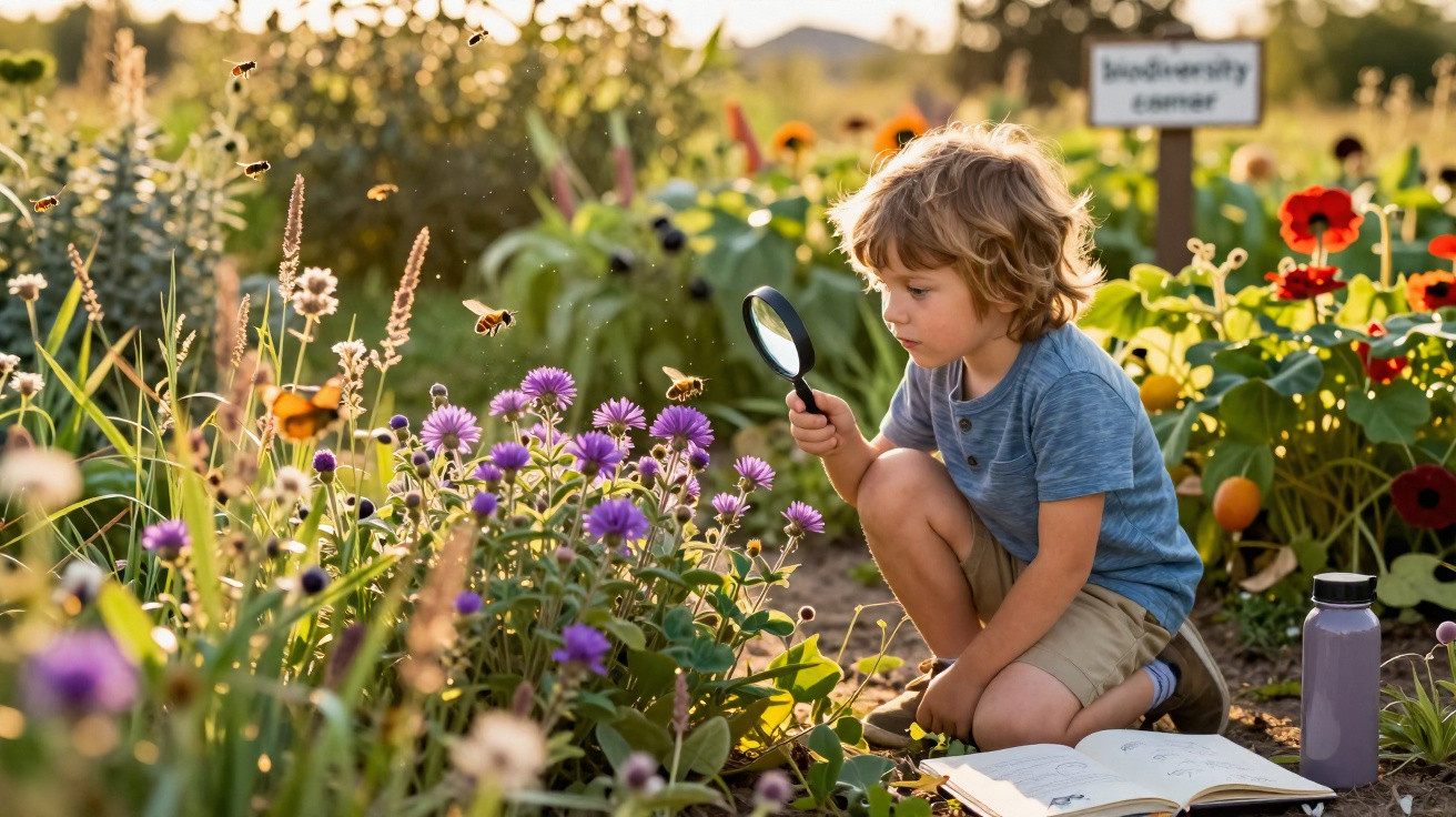 Criança observando abelhas com lupa em jardim com flores e caderno aberto no chão.