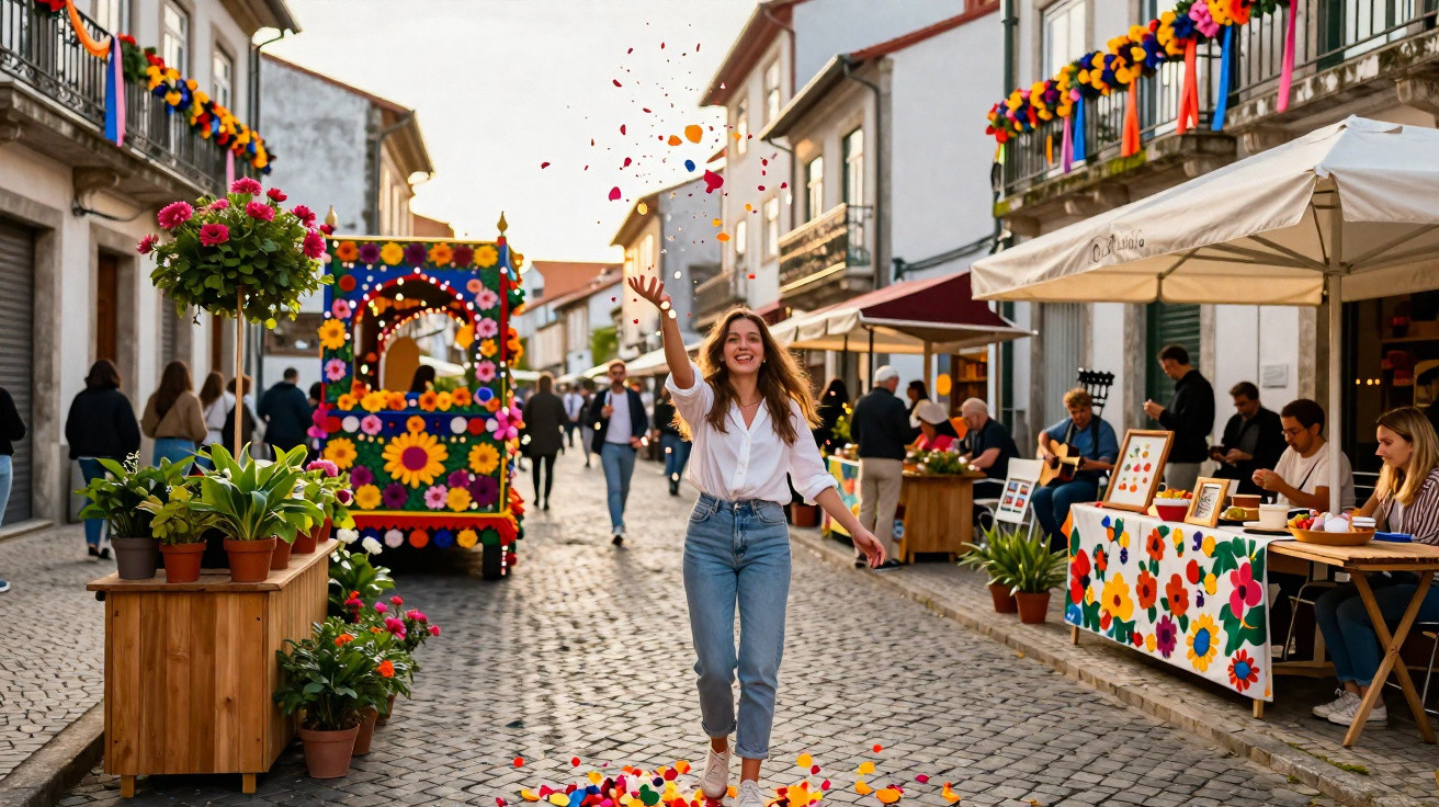 Rua decorada com flores, feira ao ar livre e mulher jogando pétalas coloridas em dia ensolarado.