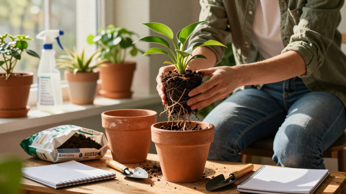 Pessoa transplantando planta em vaso de barro em ambiente interno com ferramentas de jardinagem e caderno ao redor.