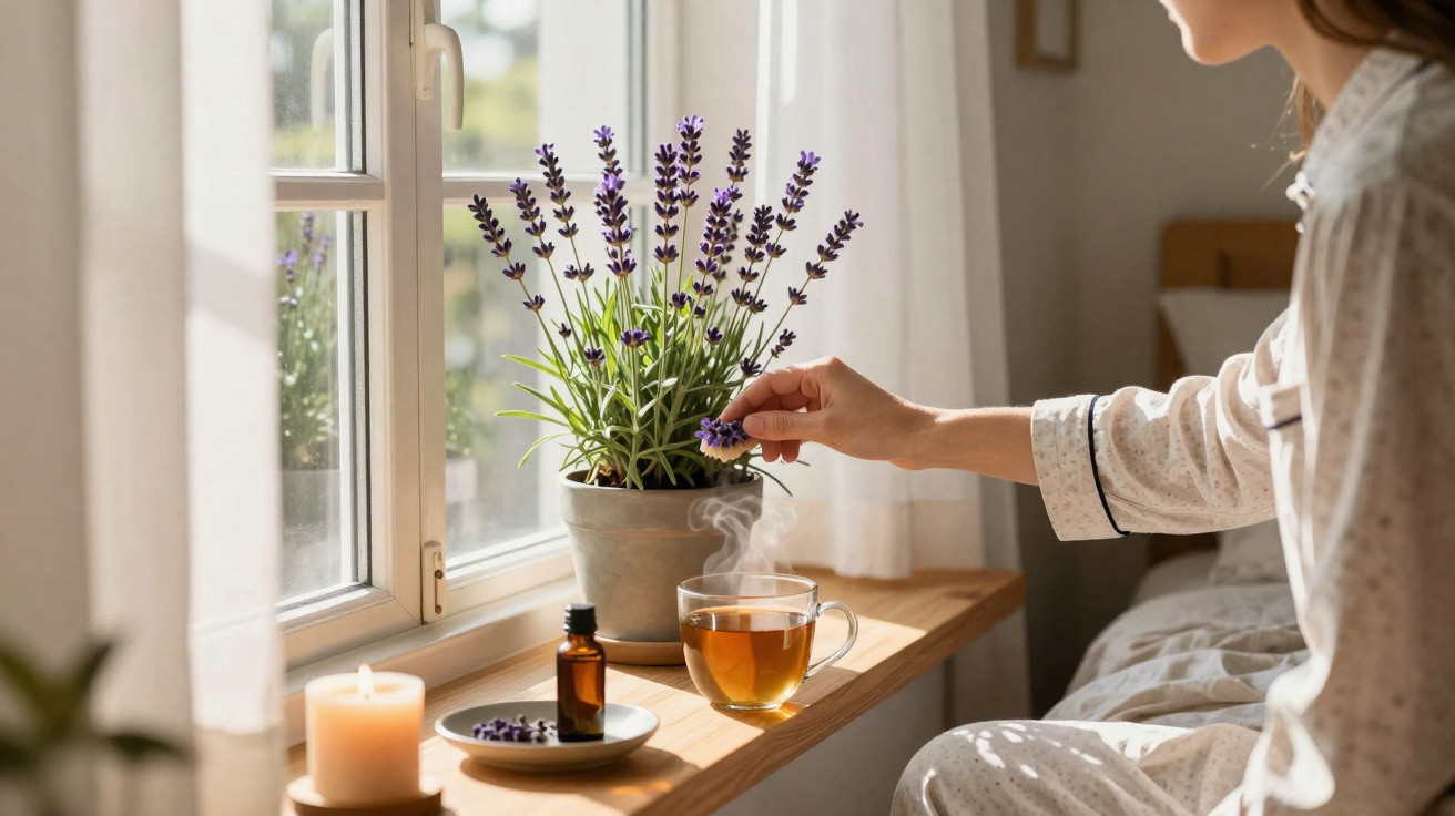 Pessoa colhendo flores de lavanda em vaso próximo a xícara de chá, vela e frasco em prateleira junto à janela.