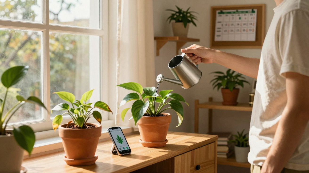 Pessoa regando planta em vaso de barro próximo à janela com celular apoiado em móvel ao lado.