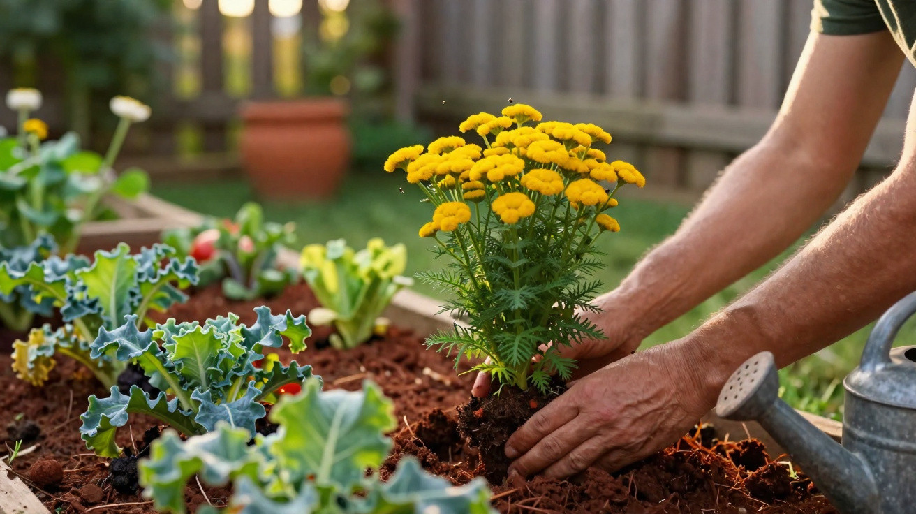 Pessoa plantando flor amarela em canteiro de terra com regador ao lado em jardim ensolarado.
