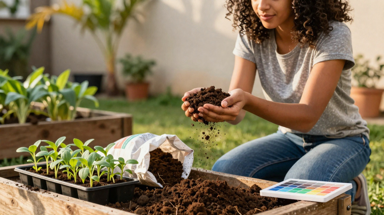 Mulher segurando terra para o jardim em canteiro elevado com mudas e saquinho aberto de adubo.