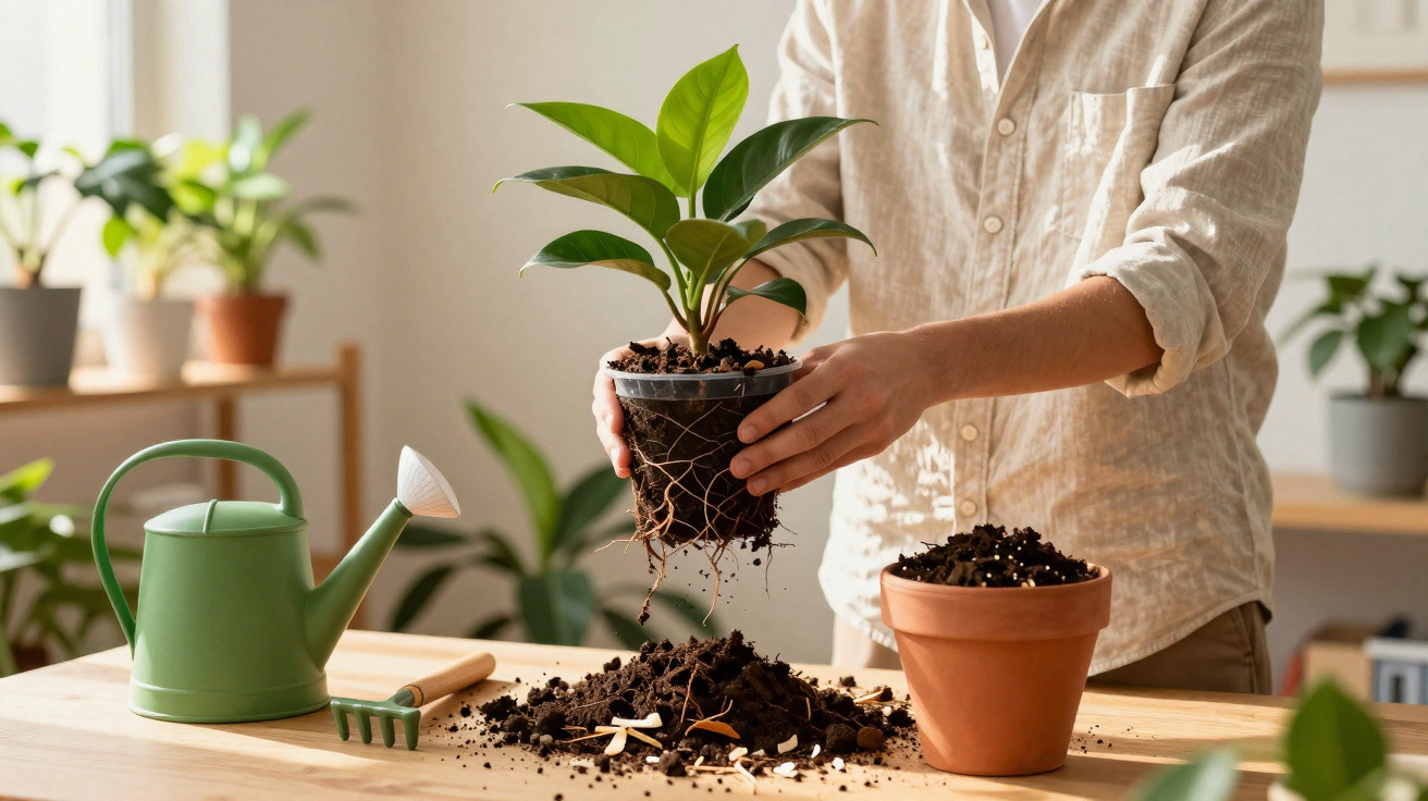 Pessoa transplantando muda de planta em vaso com terra em mesa, regador verde e utensílio de jardinagem ao lado.