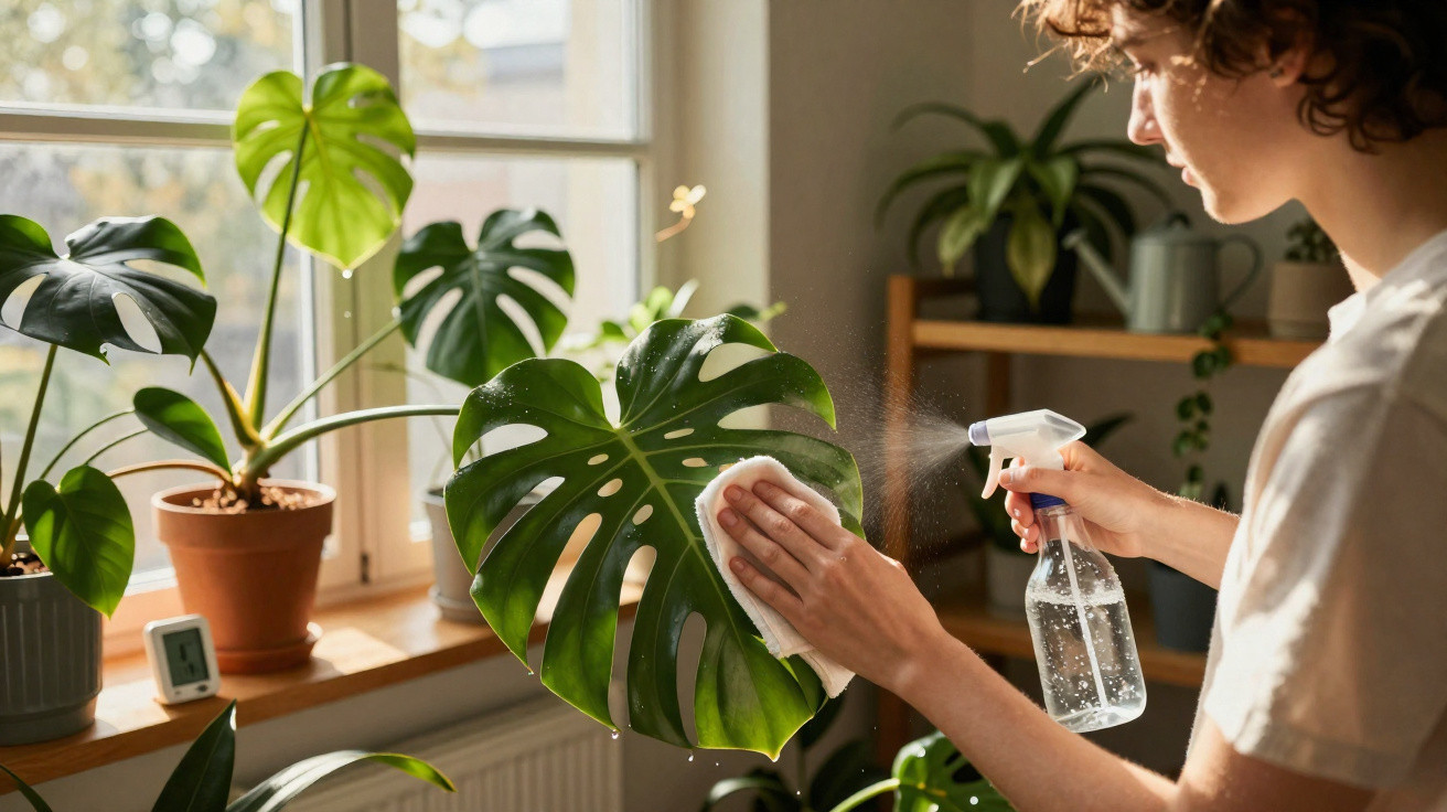 Pessoa borrifando água e limpando folha de planta Monstera em ambiente iluminado por janela.