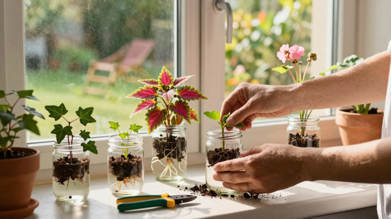Mãos transplantando mudas em vasos de vidro sobre parapeito de janela ensolarada com plantas variadas.