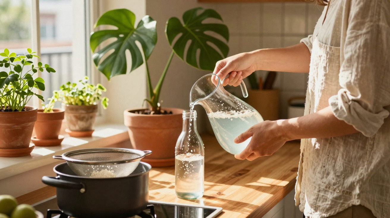 Pessoa enchendo garrafa de vidro com líquido na cozinha iluminada, ao lado de plantas em vasos.