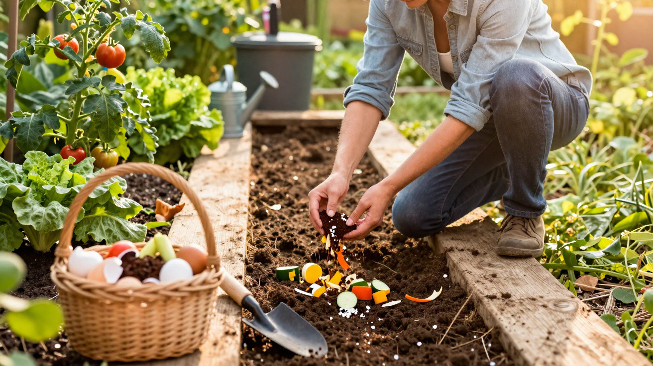 Pessoa adiciona restos de alimentos na terra de horta orgânica com vegetais ao redor em dia ensolarado.