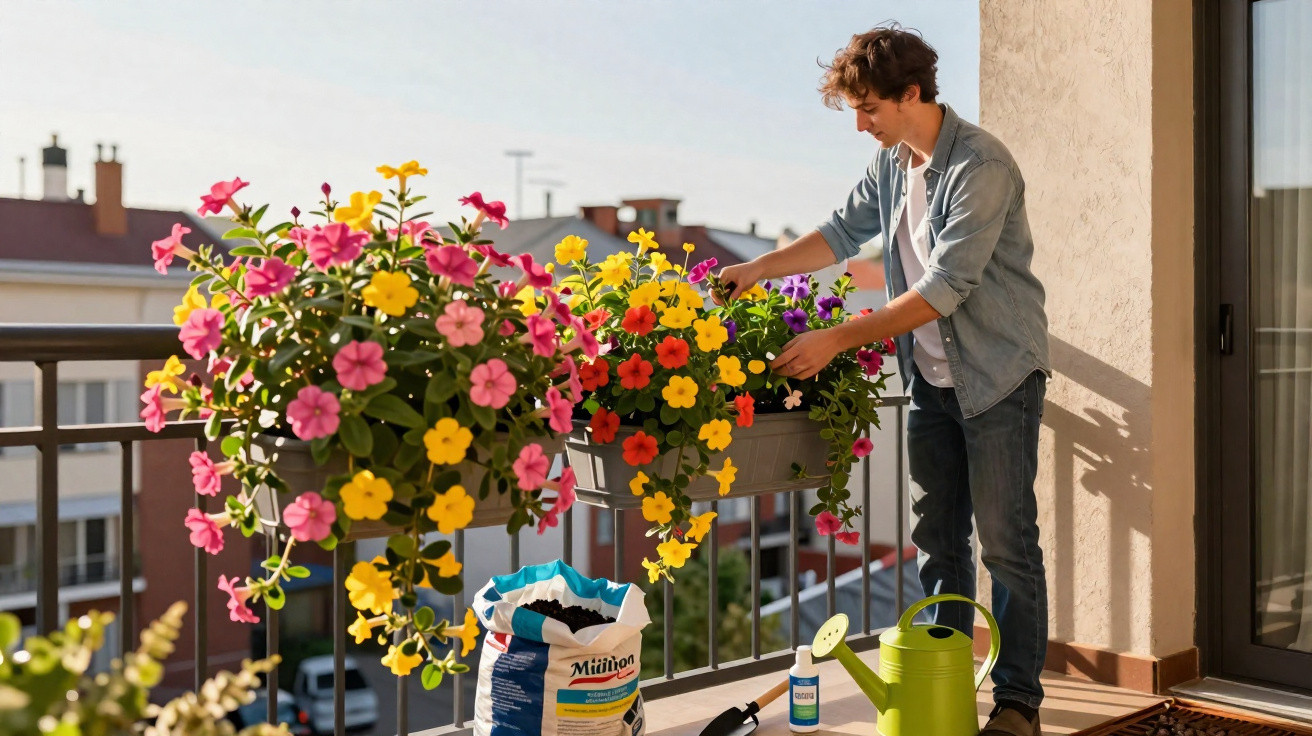 Homem cuidando de flores coloridas em vasos na varanda de apartamento em dia ensolarado.