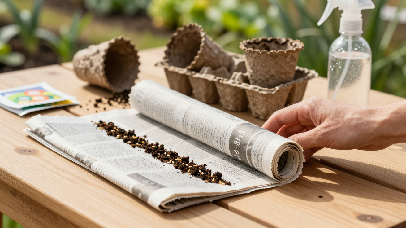 Mão enrolando jornal com sementes, vasos biodegradáveis e borrifador sobre mesa de madeira.