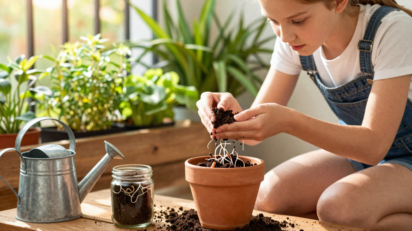 Menina plantando muda em vaso de barro com regador, pote de vidro e plantas ao fundo em ambiente claro.