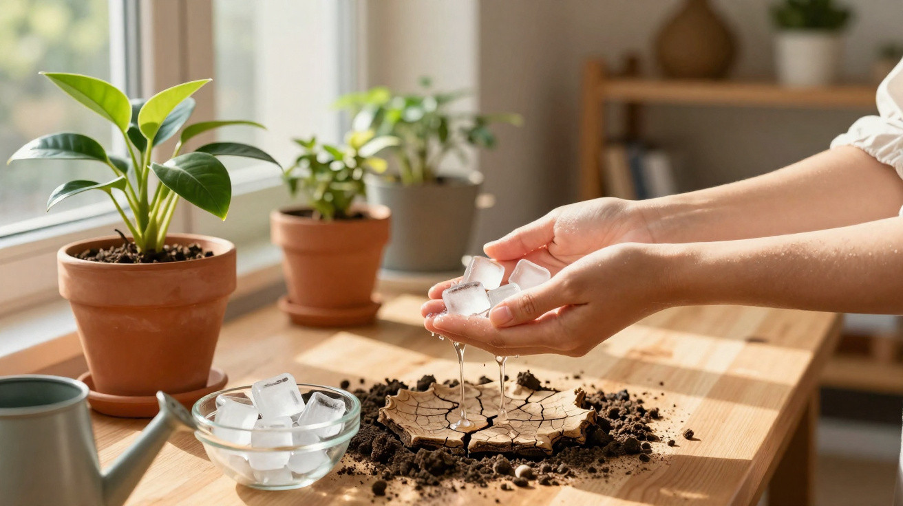 Mãos seguram cubos de gelo derretendo sobre solo seco e rachado em mesa com plantas e regador.