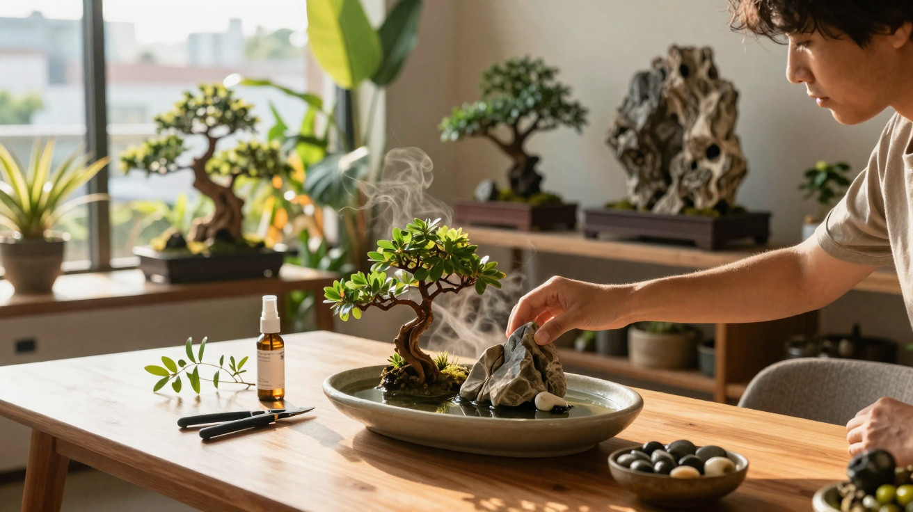 Pessoa cuidando de um bonsai em uma sala iluminada com luz natural e objetos de jardinagem.