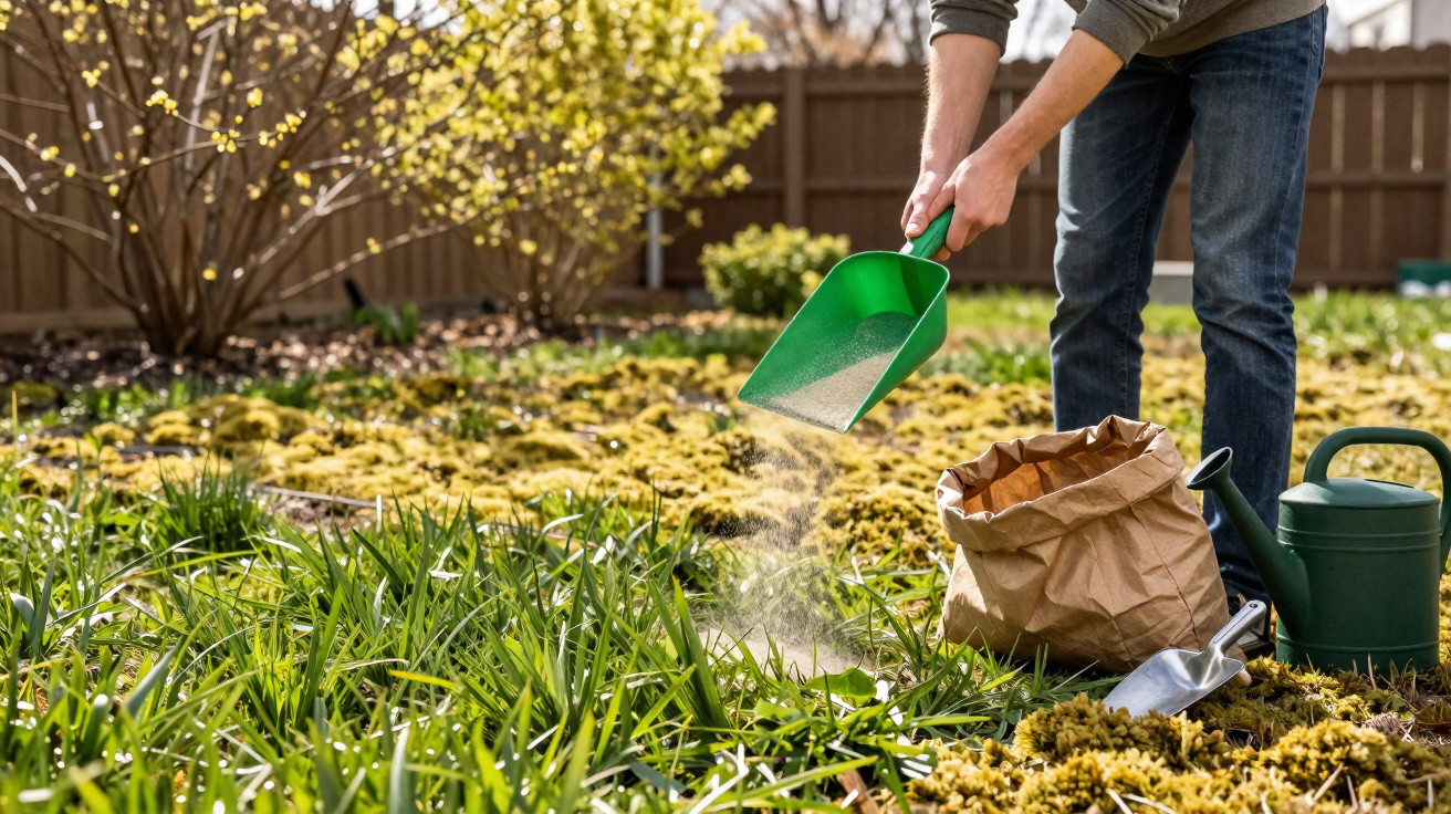 Pessoa espalhando fertilizante com pá verde em jardim com grama e arbustos ao fundo.