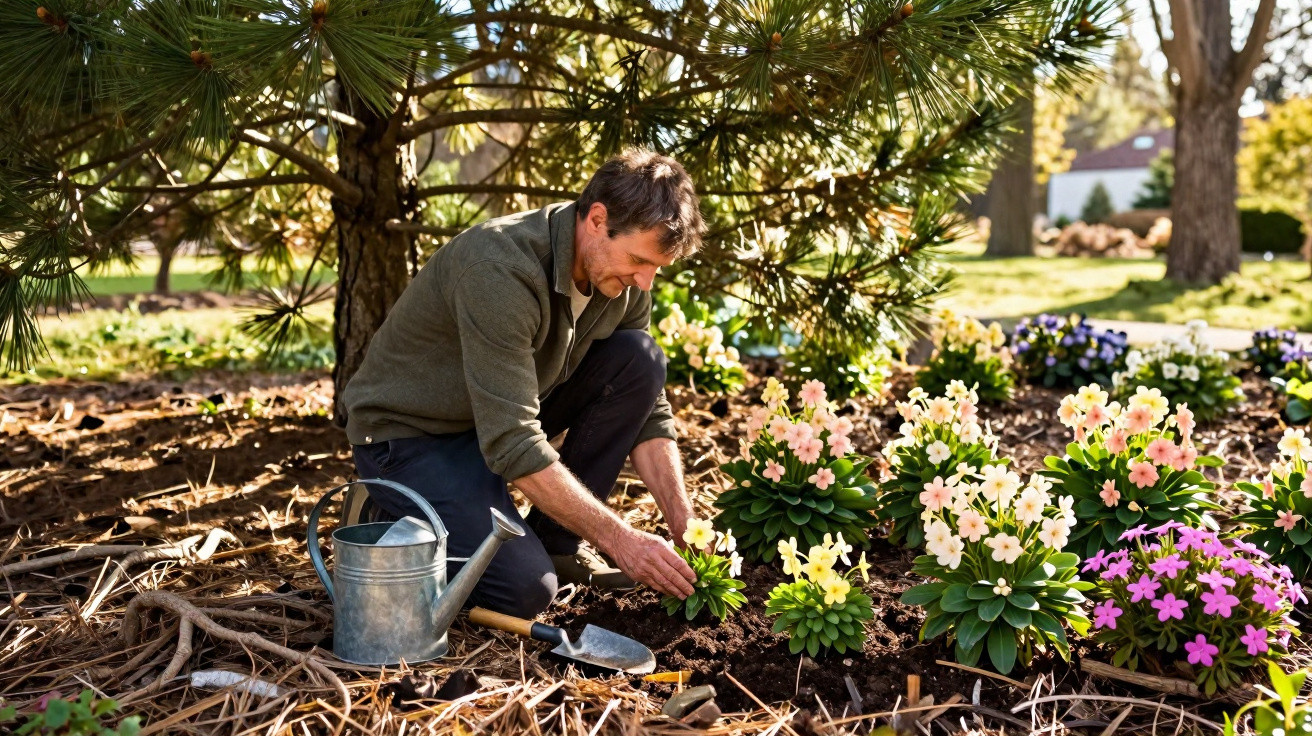 Homem cuidando de flores coloridas em jardim sob árvore em dia ensolarado.