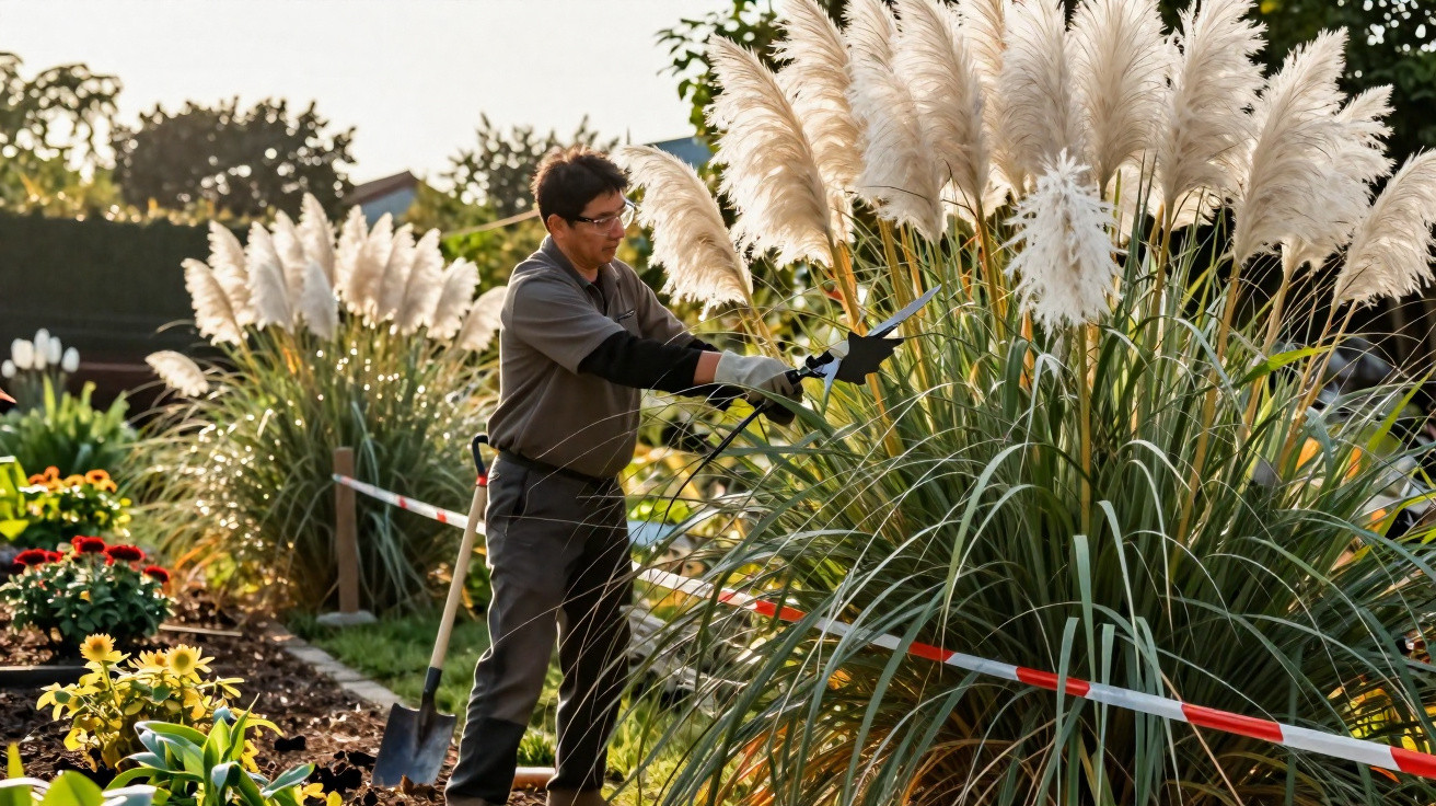 Homem podando arbusto alto com flores brancas em jardim ensolarado durante o dia.