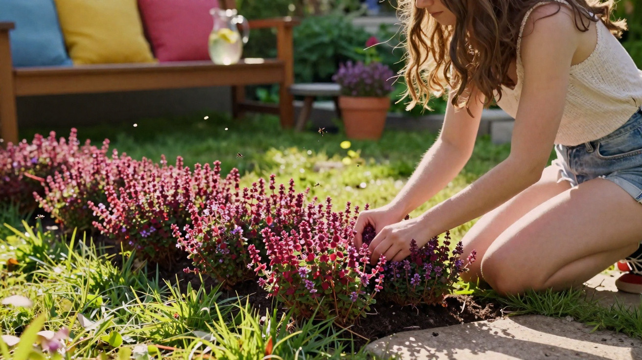 Mulher cuidando de plantas de flores roxas em um jardim ensolarado próximo a um sofá colorido.