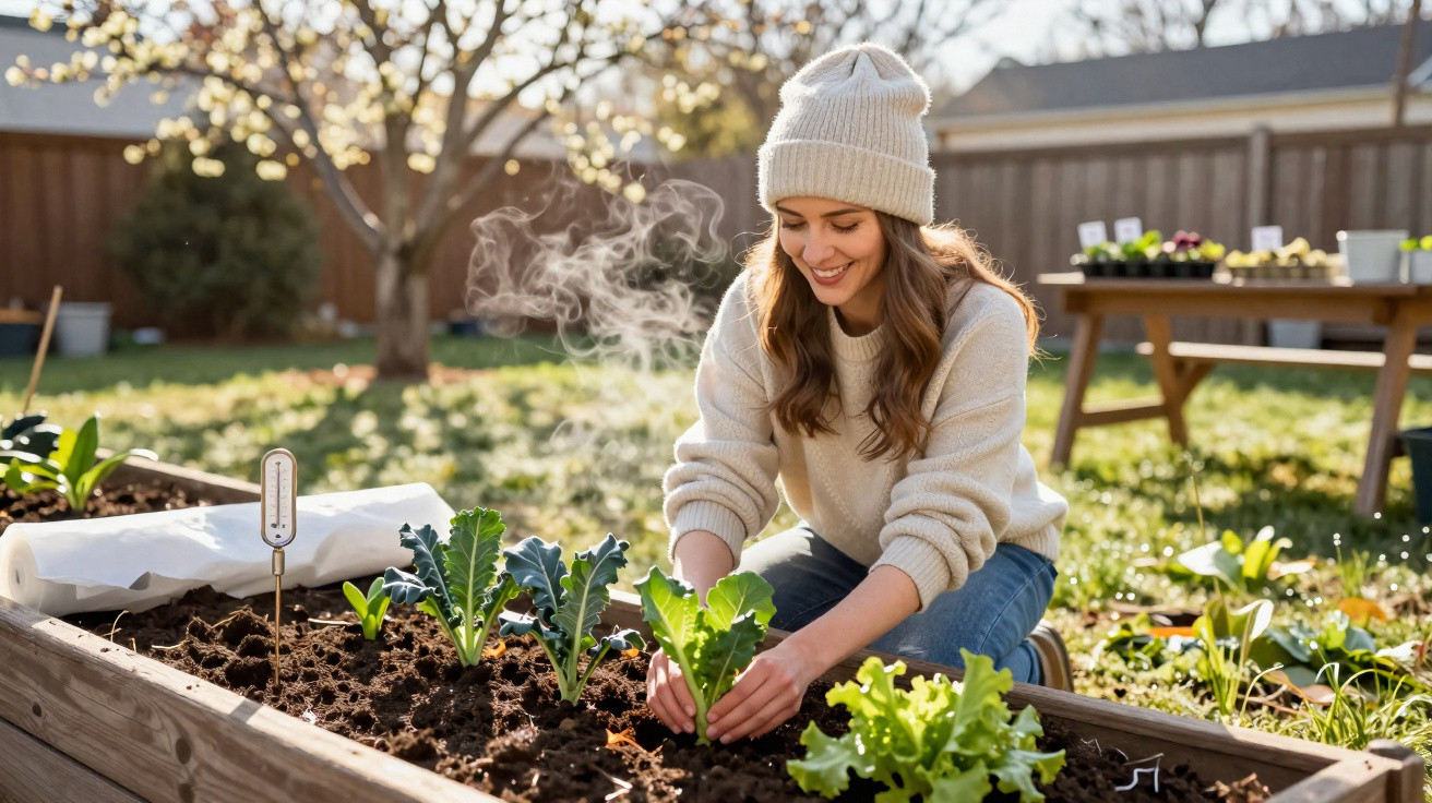 Mulher sorridente plantando verduras em canteiro elevado em um jardim ensolarado de inverno.