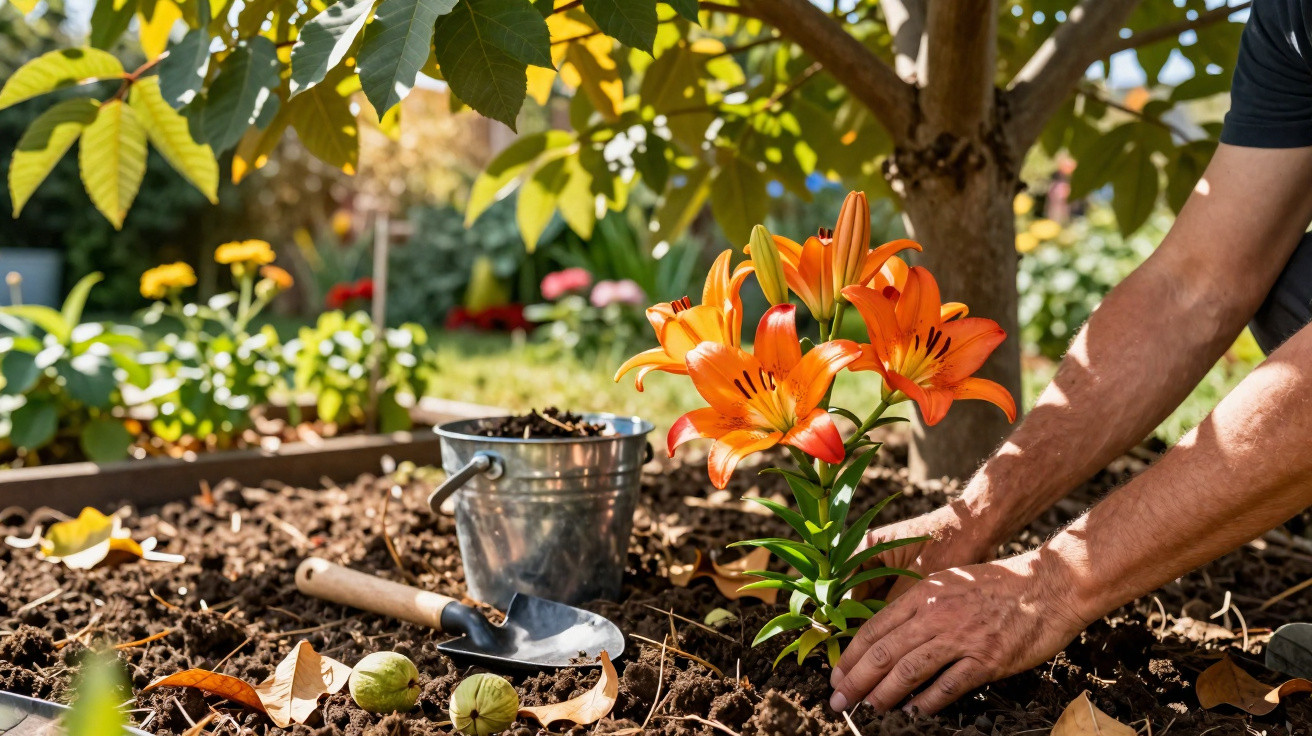 Mãos plantando lírios laranja em jardim ensolarado com pá, balde metálico e folhas secas ao redor.
