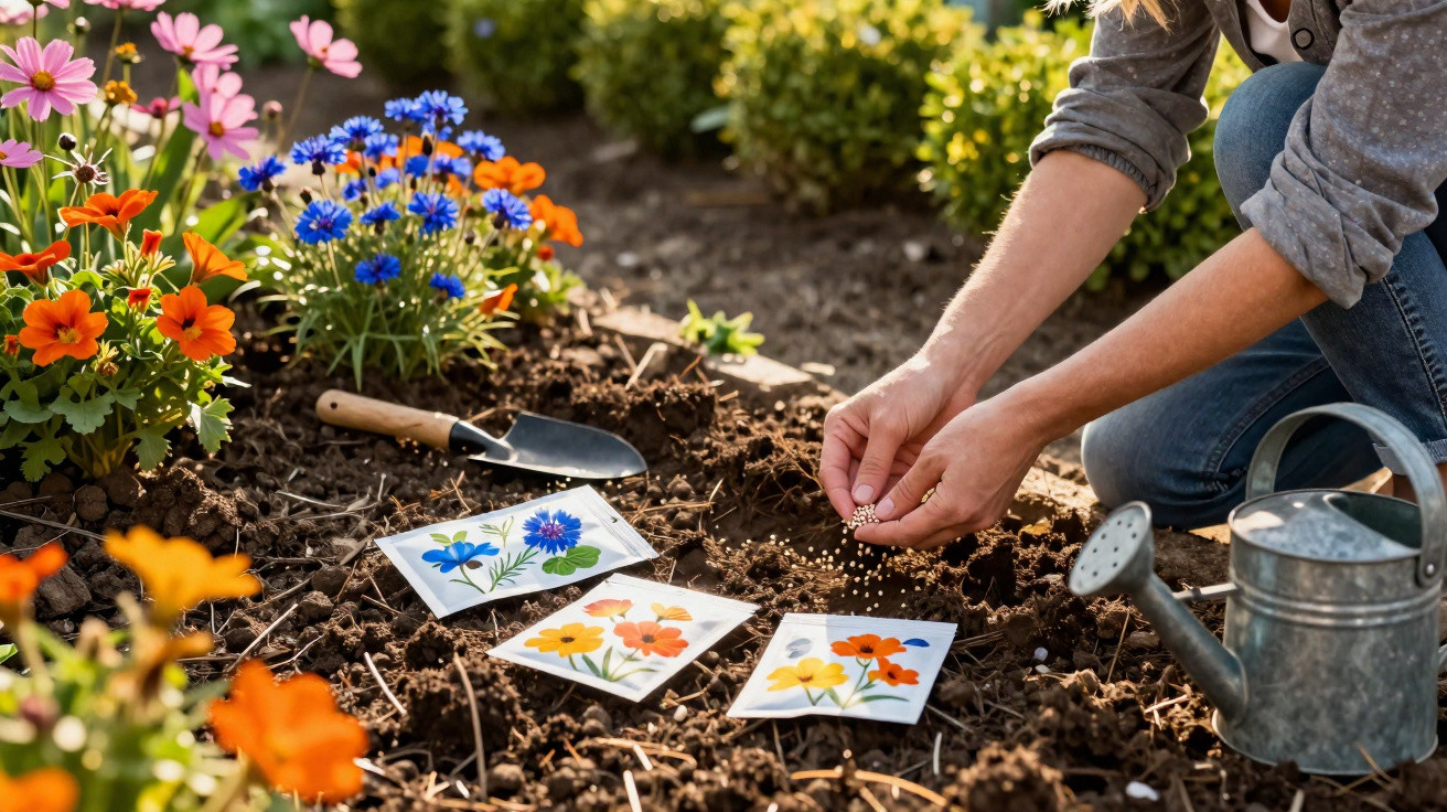 Pessoa plantando sementes em jardim com flores coloridas, regador e envelopes de sementes ao lado.