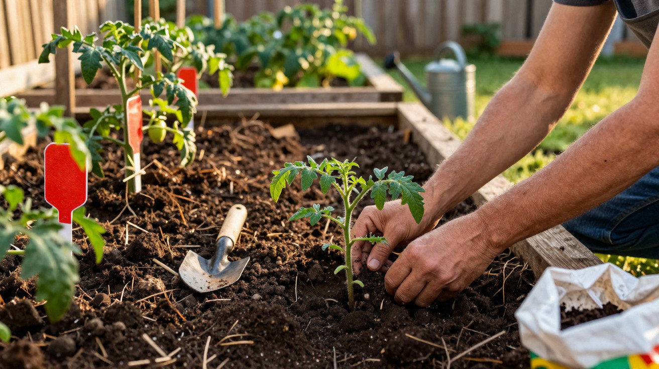 Pessoa plantando muda de tomateiro em canteiro com terra preparada e outras mudas ao fundo.