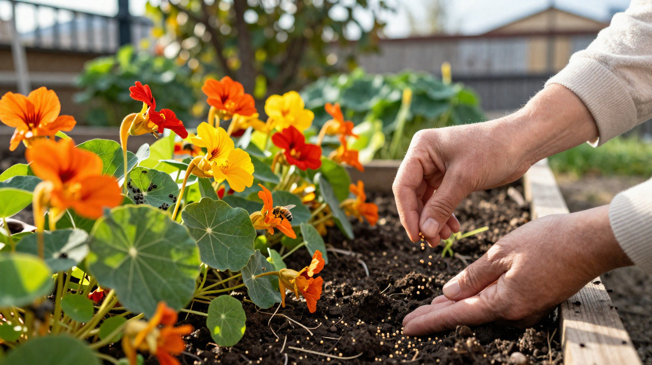 Mãos semeando sementes no canteiro ao lado de flores amarelas e laranjas em jardim ao ar livre.
