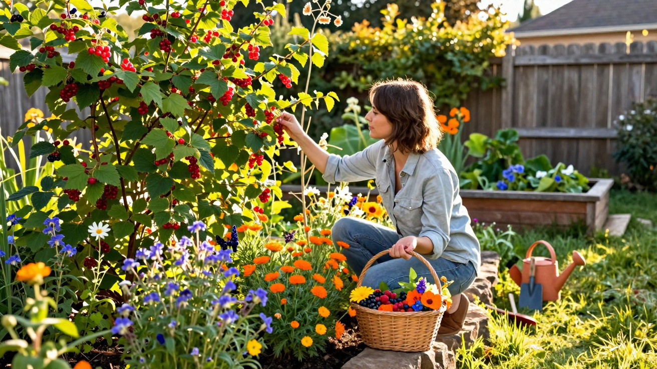 Mulher colhendo frutas vermelhas em jardim florido com cesta cheia de flores e frutas ao lado.