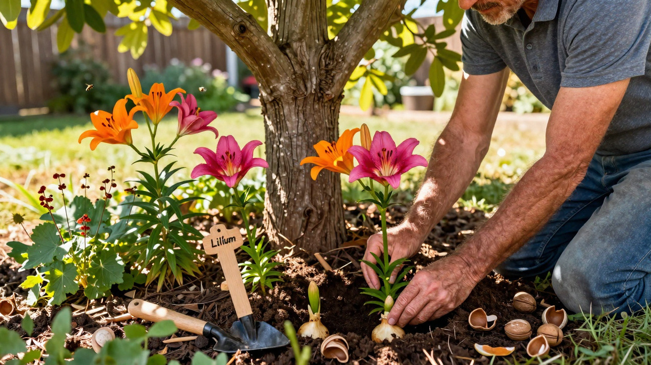 Homem plantando flores lilases e laranjas ao redor de uma árvore em jardim ensolarado.