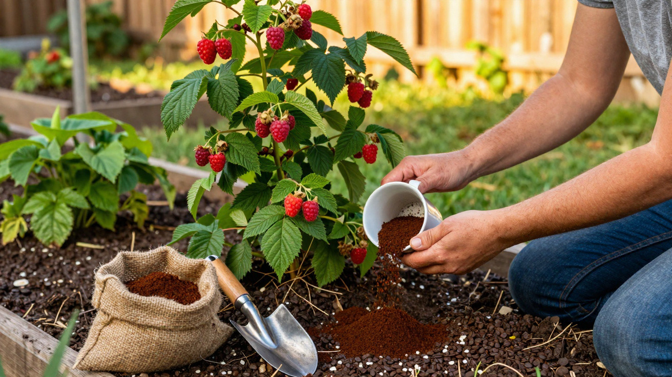 Pessoa aplicando café moído em planta de framboesas em jardim com enxada e saco de café ao lado.
