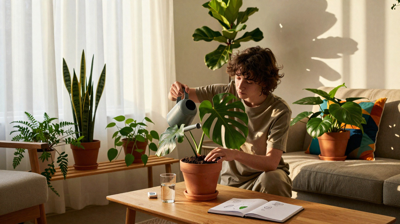 Pessoa regando planta em vaso cerâmico em sala iluminada com várias plantas e sofá ao fundo.