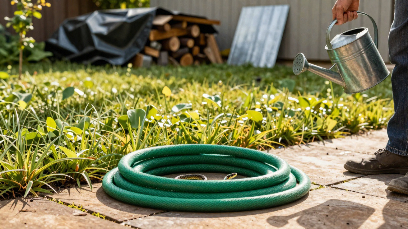 Mão segurando regador perto de mangueira verde enrolada no jardim com cobra enrolada dentro dela.