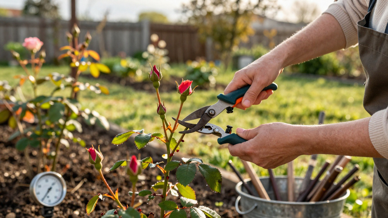 Pessoa podando botões de rosa vermelha com tesoura de jardinagem em um jardim ensolarado.