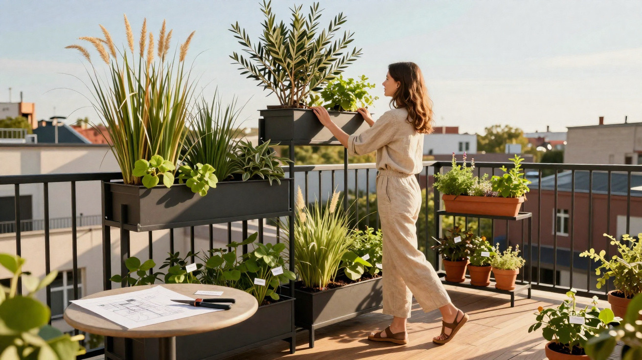 Mulher cuidando de plantas em vasos no varal de apartamento ensolarado durante o dia.
