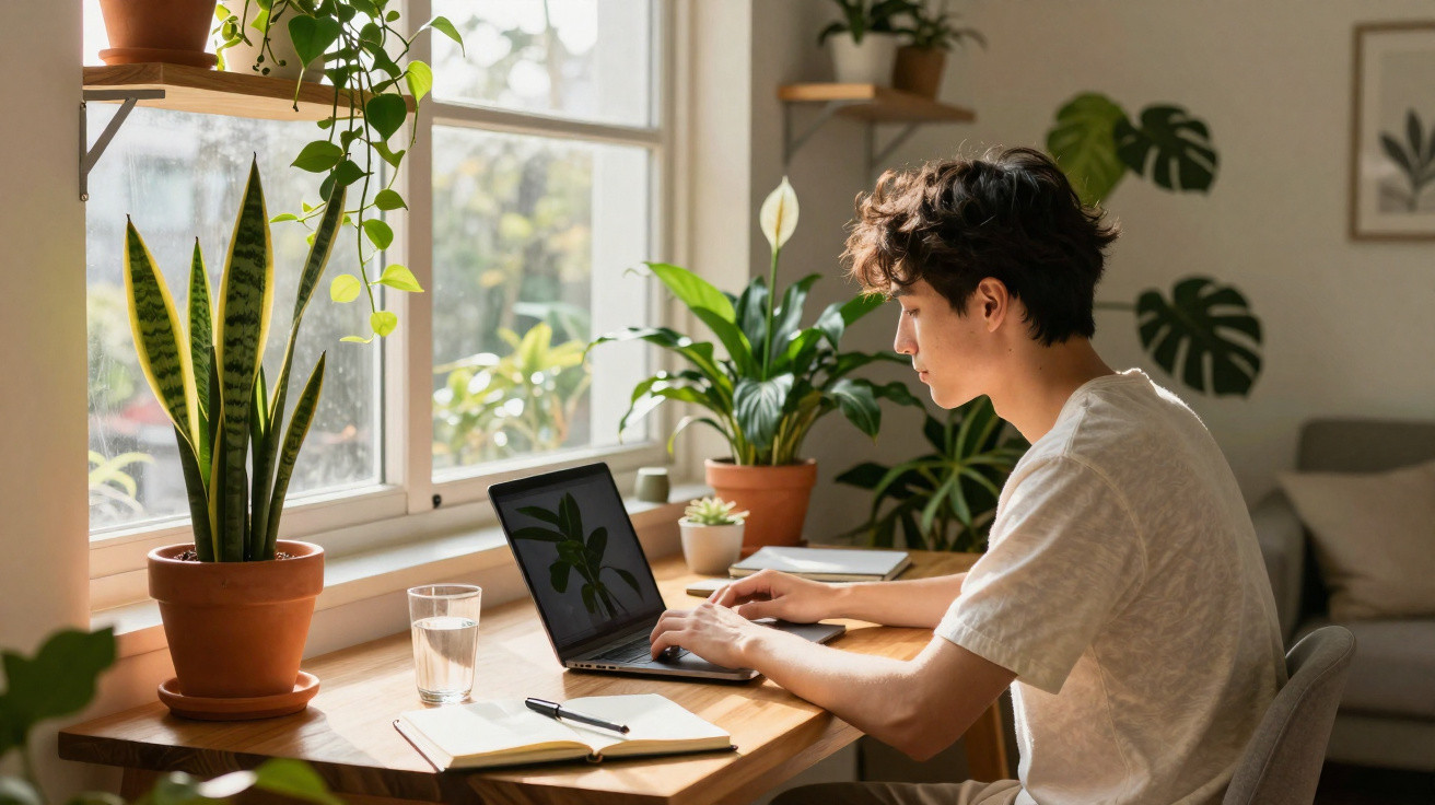 Pessoa jovem usando laptop em mesa com caderno, copo d’água e plantas ao redor perto da janela iluminada.