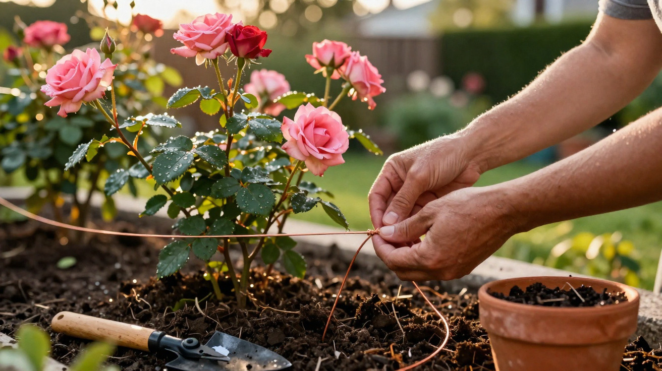 Mãos amarrando planta de rosa com flores rosas e vermelhas em jardim, com ferramenta e vaso ao lado.