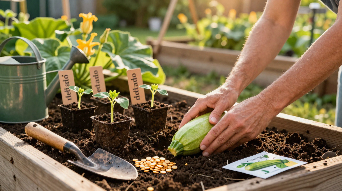 Pessoa plantando abobrinha em canteiro com mudas, sementes, regador e pá de jardinagem.