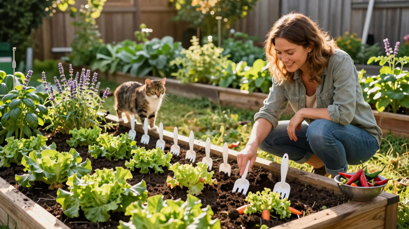 Mulher cuidando de jardim com hortaliças e gato em canteiro elevado em área ensolarada.