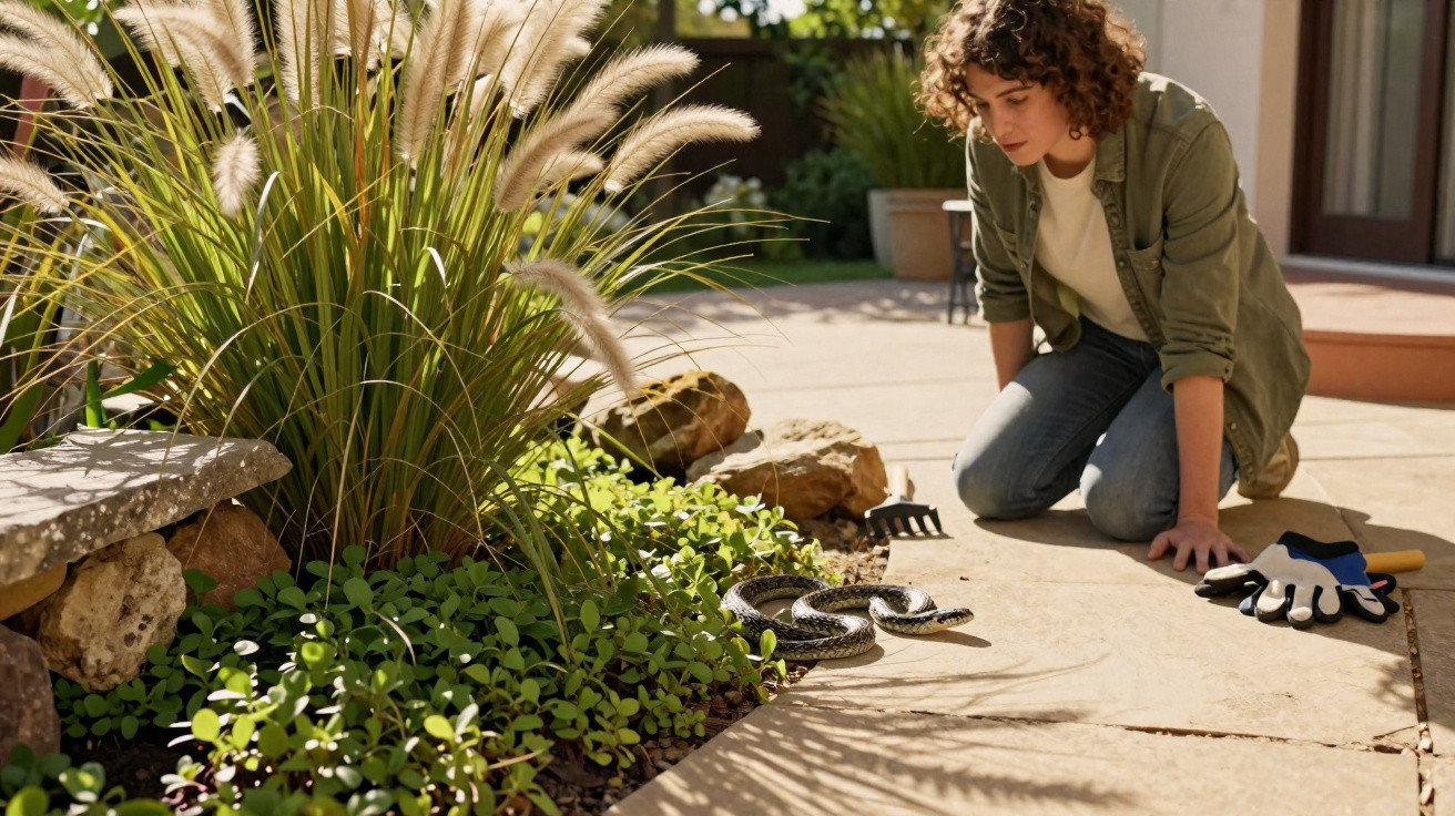 Mulher agachada observa cobra no jardim perto de plantas e ferramentas de jardinagem.