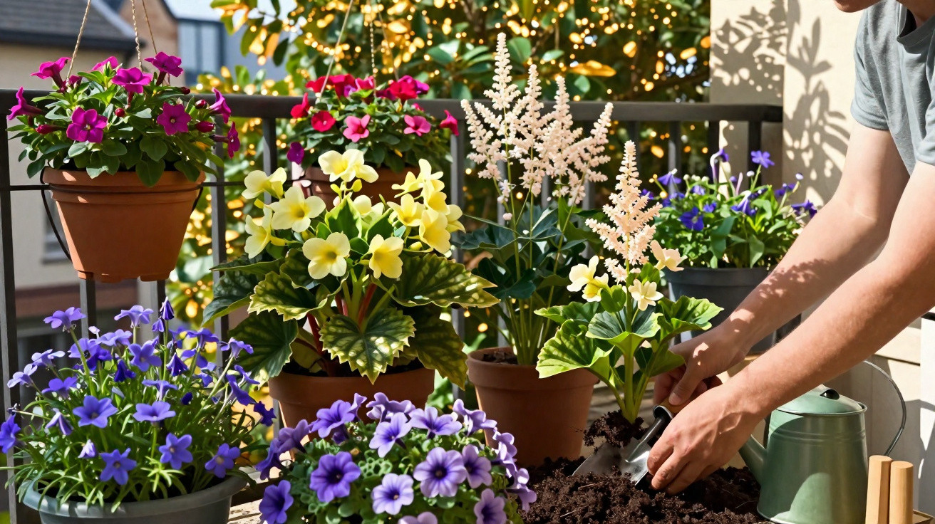 Pessoa cuidando de flores coloridas em vasos em varanda ensolarada durante o dia.