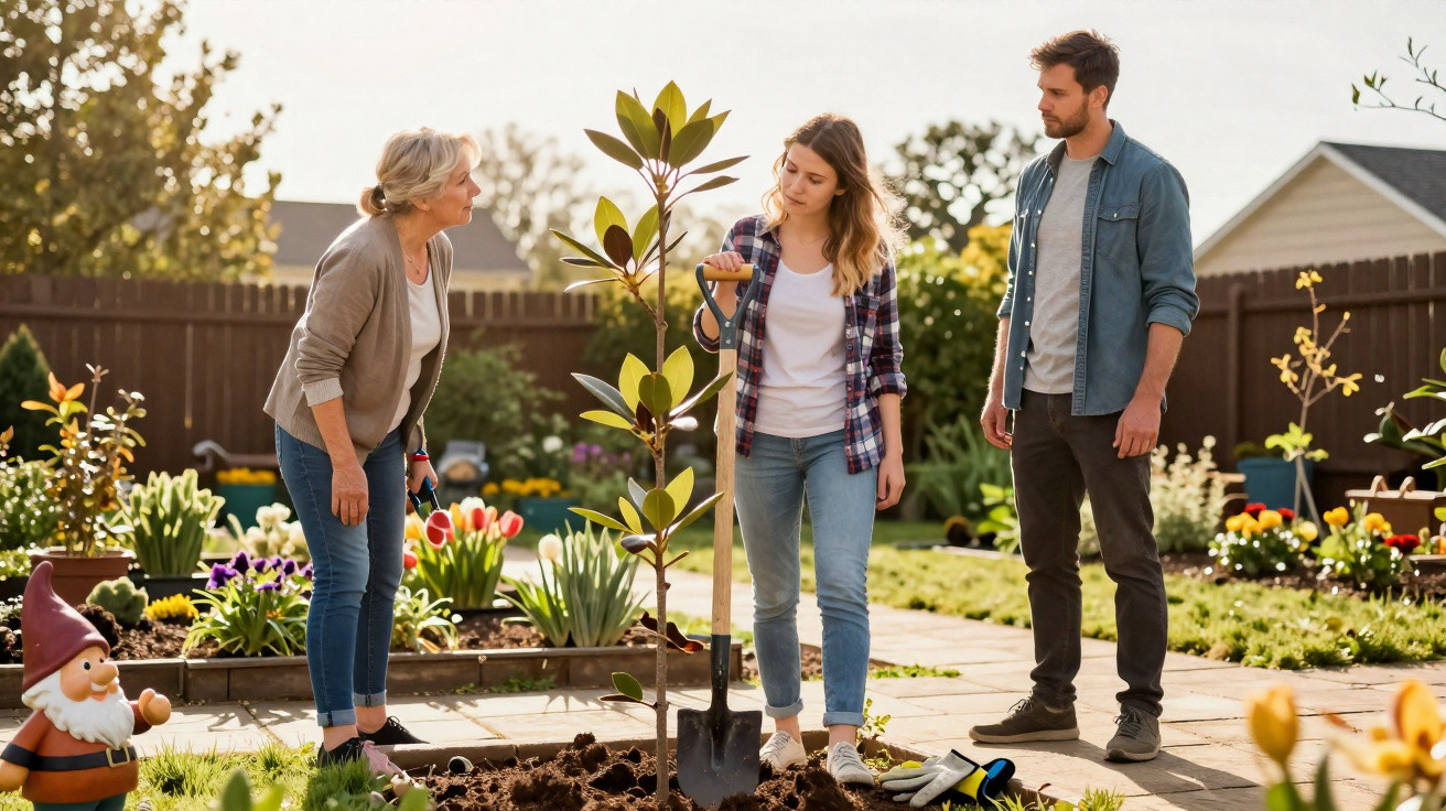 Três pessoas em um jardim plantando uma muda de árvore, com pá e luvas ao redor.