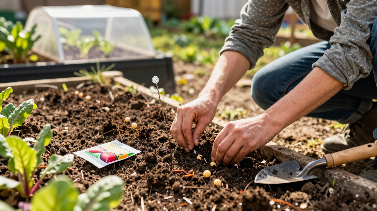 Pessoa plantando sementes em canteiro de terra com ferramentas de jardinagem ao redor.