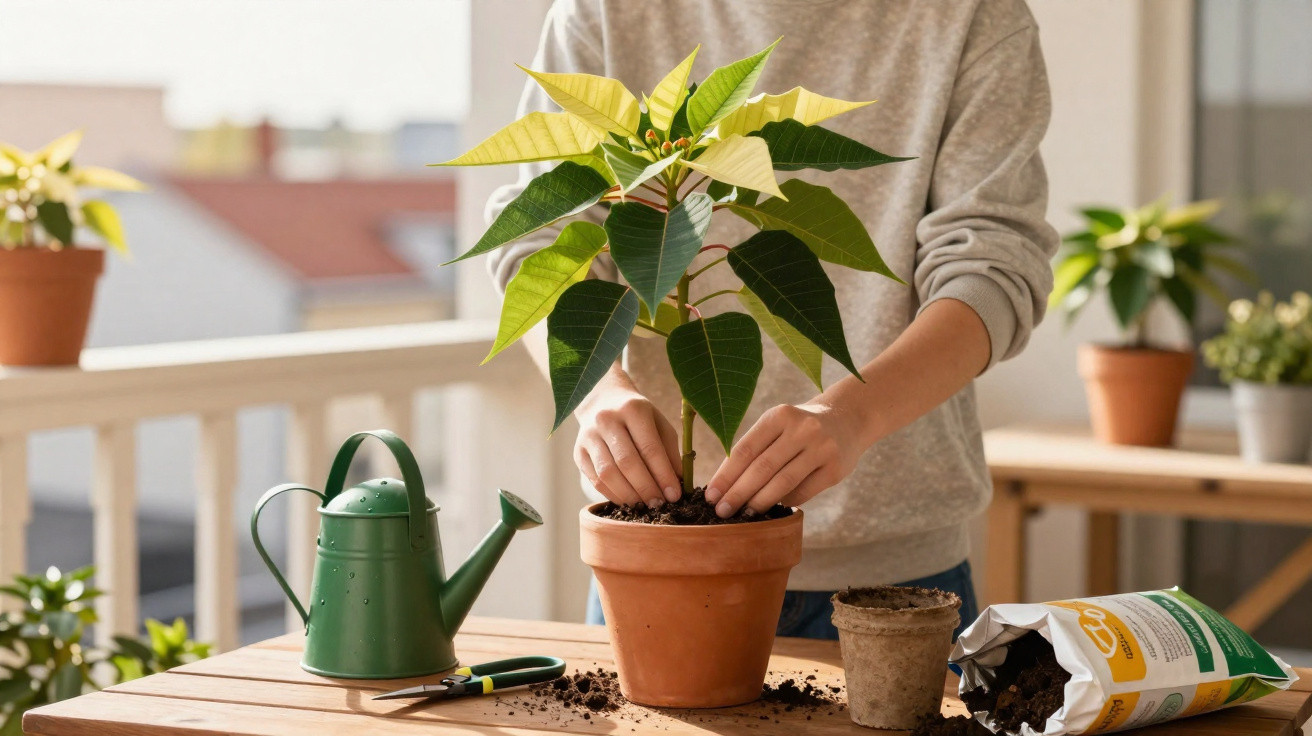 Pessoa cuidando de planta em vaso de barro em varanda com regador e ferramenta de jardinagem.