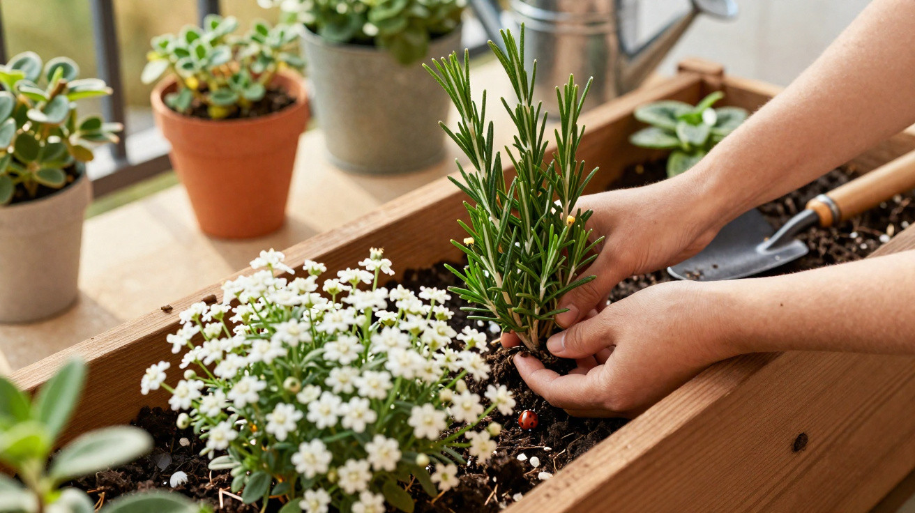 Mãos plantando alecrim em vaso de madeira ao lado de flor branca e regador em varanda com outras plantas.