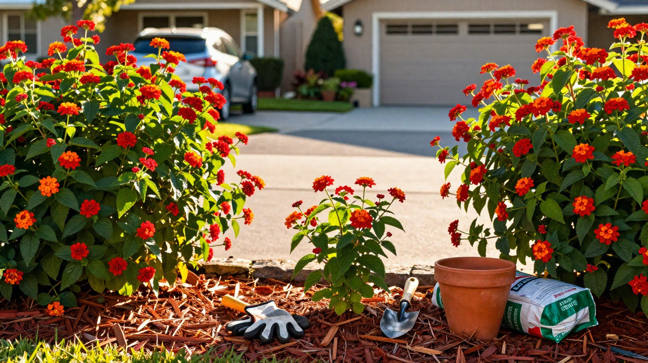Jardim com flores vermelhas, luvas, pá, vaso e saco de terra perto da garagem de uma casa.